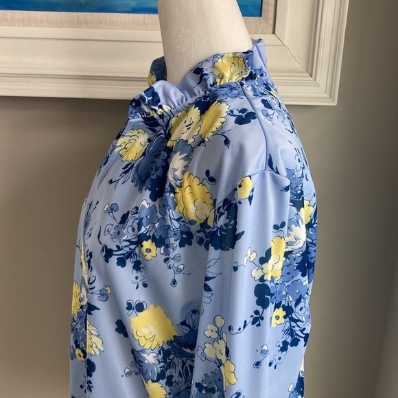 Vintage Bend Over Blue Yellow Floral Ruffle Vneck Blouse Large - Picture 6 of 11